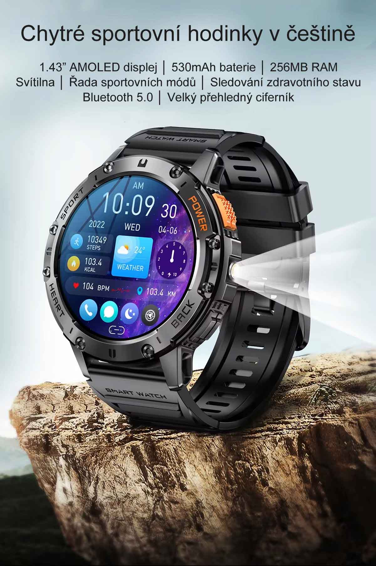 Chytré hodinky smart watch v češtině, s telefonováním, krokoměrem, oxymetrem, měřením tepu, tlaku, PW-165, černé s černým páskem