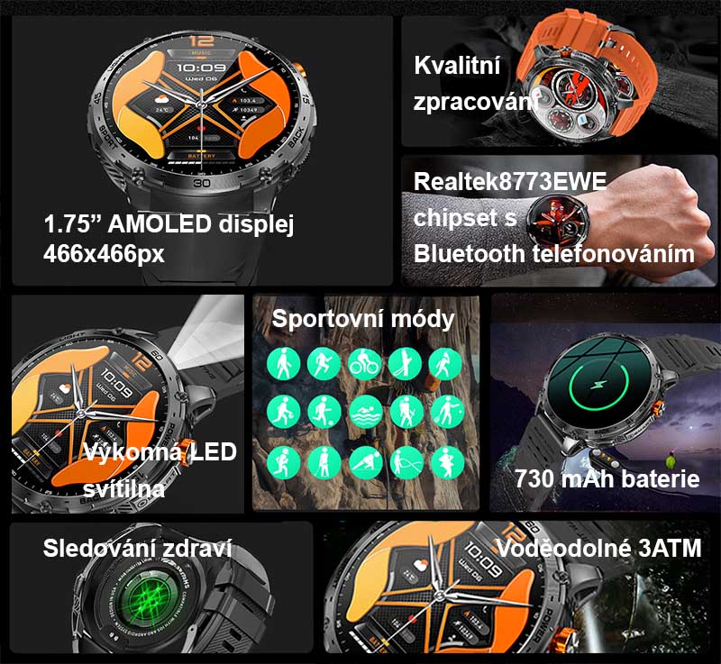 Chytré hodinky PW-169 černé s telefonováním a AMOLED displejem